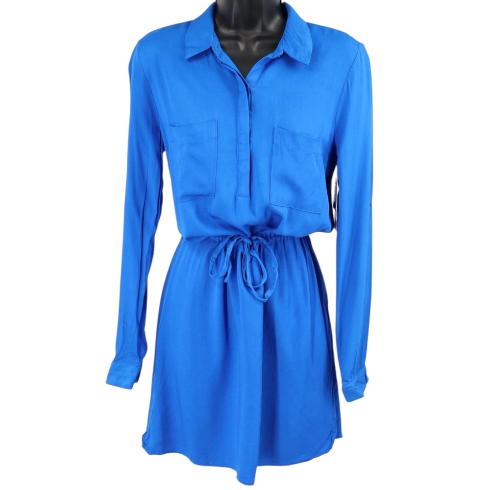 JustFab Blue Shirt Dress Tie Waist Roll Tab Sleeves Long Sleeve Mini XS NWT